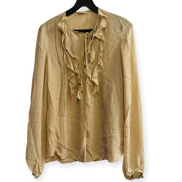 L'AGENCE Beige Shimmery Metallic Ruffle Silk Snap Button Blouse Size 4 - Picture 1 of 8